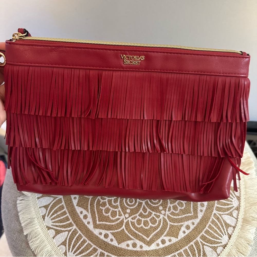 VICTORIA'S SECRET Women's Fringed Clutch MAKEUP Bag RED